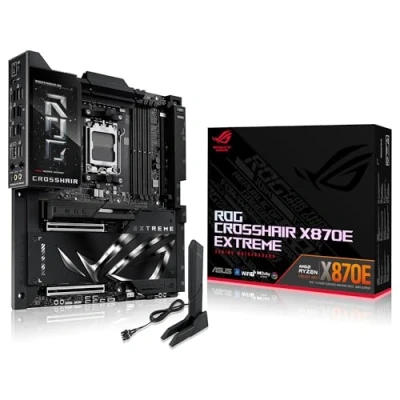 Abbildung von ASUS ROG Crosshair X870E Extreme, ATX Motherboard, 20 + 2 Stufen Stromversorgung, DDR5 Steckplatz, 3 PCIe 5.0, 4.0 M.2, USB Anschlüsse, LCD Display, Wi Fi 7, Ethernet, AI Overclocking,
