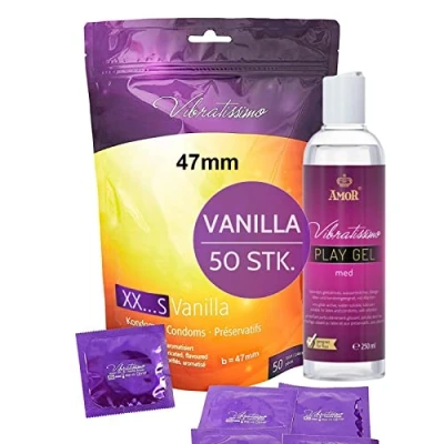 Abbildung von VIBRATISSIMO Kondome XXS Vanille 50er Pack &amp; Gleitgel Set I mit Aroma für Men dünner Wandstärke aromatisiert enge Größe hauchzart b=47 mm