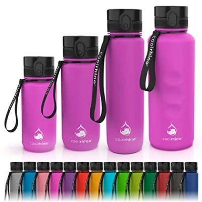 Abbildung von coolrhino Trinkflasche 1l für Sport, Outdoor, Schule, Fitness &amp; Kinder Wasserflasche auslaufsicher und Bpa frei Flasche Kohlensäure geeignet (Rhino pink, 1000ml)