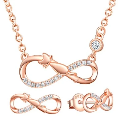 Abbildung von Yumilok Damen Schmuckset Halskette mit Katze Unendlichkeit Anhänger &amp; Ohrstecker Ohrringe aus 925 Sterling Silber Roségold