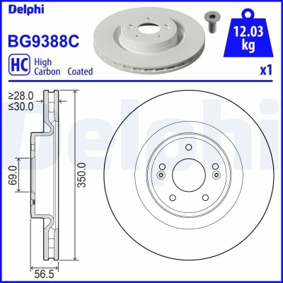 Abbildung von DELPHI BG9388C Bremsscheibe 350 30 5 Belüftet beschichtet hochgekohlt ohne Radlager, ABS Sensorring