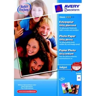 Abbildung von AVERY Zweckform 2496 Classic Inkjet Fotopapier (100 Blatt, 180 g/m², DIN A4 Papier, einseitig beschichtet, glänzend, weiß, zum Drucken von Fotos auf Tintenstrahldruckern, sofort trocknend)