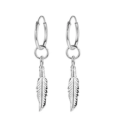 Abbildung von Ohrringe aus 925er Silber, Creolen, mit Anhänger, Feder, Ohrhänger, für Damen und Herren, Sterlingsilber, Ohne Stein, Sterling Stein