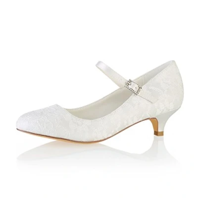 Abbildung von Emily Bridal BrautschuheSpitze Hochzeit Schuhe runde Kappe Mary Jane Brautschuhe Kitten Heel Mutter (EU39, Elfenbein)