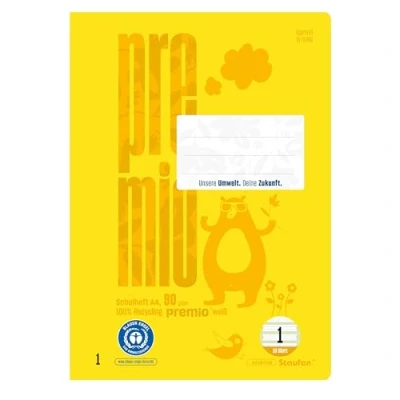 Abbildung von Staufen premio Schreiblernheft 4 Hefte je 16 Blatt, DIN A4, Lineatur 1 (5/5/5mm liniert, farbig hinterlegte Lineatur), 90 g/m² Recyclingpapier, runde Ecken verhindern „Eselsohren“