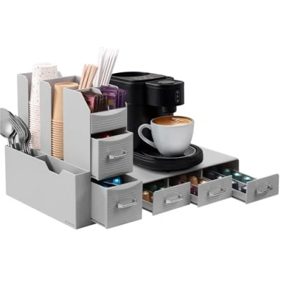 Abbildung von Navaris Kaffee Organizer Set Platzsparende Kaffeekapseln Aufbewahrung Kaffeebar Tee Schubladenbox Kaffeestation ideal für Büro Fitnessstudio Zuhause Grau