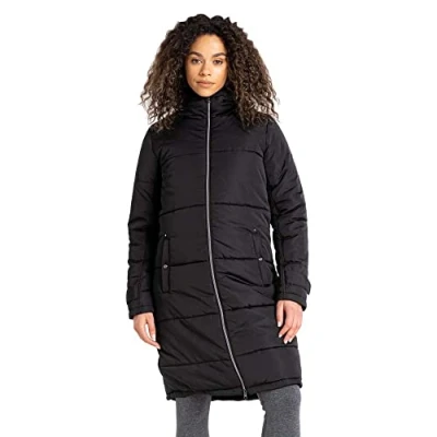 Abbildung von Dare2b Reputable Long II Womens Coat Jacket wasserabweisendes recyceltes Material durchgehender Reißverschluss mit 2 niedrigen Reißverschlusstaschen, Kapuze und verstellbaren Bündchen
