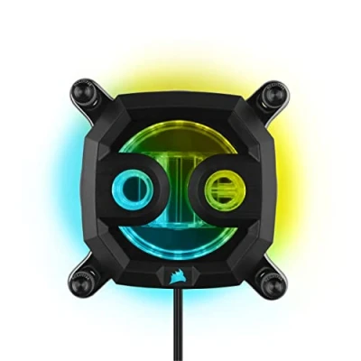 Abbildung von Corsair Hydro X Series XC7 RGB PRO CPU Wasserblock für Intel LGA 1700, 1200, 115X und AMD Sockel AM4 (Kupferkühlplatte, 110 Mikrokühlrippen, 16 LEDs, Mainboard Adapterkabel inklusive) Schwarz