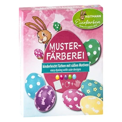 Abbildung von Heitmann Eierfarben Kreativ Farb &amp; Bastelset 5 Eierfärbetabletten in Gelb, Rot, Violett, Grün und Blau + Stickerbogen, Hasengesichter Eierbecher