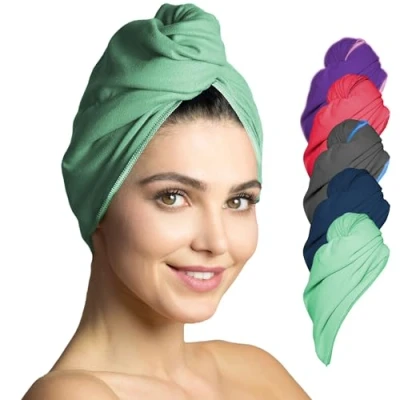 Abbildung von Fit Flip Haarturban Mikrofaser 1 Stück Haarhandtuch mit Knopf schnelltrocknend und saugstark Microfaser Kopf Turban Haar Handtuch (Mint)