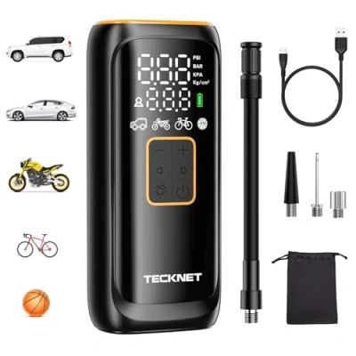 Abbildung von TECKNET Akku Kompressor, Elektrische Luftpumpe 150 PSI, fahrradpumpe elektrisch, Luftkompressor mit Manometer für Autos, Fahrräder, Motorrad, Bälle, Powerbank und Taschenlampe Funktion