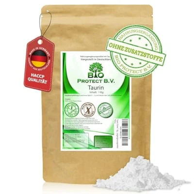 Abbildung von Taurin Pulver 1 Kg 100% rein ohne Zusatzstoffe! 1000g reines Magnesiumstearat Bio Protect BV Premium Nahrungsergänzungsmittel