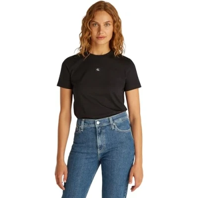 Abbildung von Calvin Klein Damen T Shirt Kurzarm Woven Label Regular Tee aus Baumwolle, Schwarz (Ck Black), L