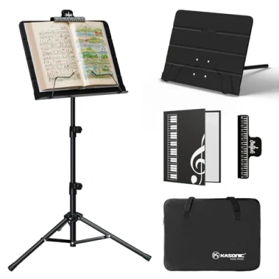 Abbildung von K Kasonic Faltbarer Notenständer, 2 in 1 Zusammenklappbarer Notenständer mit Notenblattmappe, Tragbarer Set für Aufführungen, Tripod Musikalische Bedürfnisse, Schwarz
