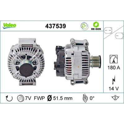 Abbildung von VALEO 437539 Lichtmaschine 14V 180A MERCEDES BENZ: ML Class, E Class Saloon, C T modell, CHRYSLER: 300C Touring, JEEP: Commander