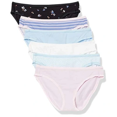 Abbildung von Amazon Essentials Damen Bikinihose aus Baumwolle (in Übergröße erhältlich), 6er Pack, Blau/Hellrosa/Schwarz Floral/Streifen/Streublumen/Weiß, 46