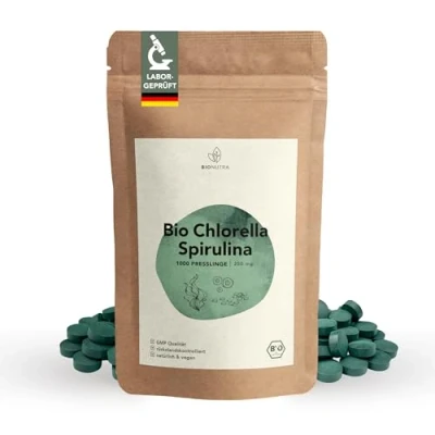 Abbildung von BIO Spirulina Chlorella Tabletten 1000 x 250 mg, rückstandskontrolliert, nach EU ÖKO Standard hergestellt, vegan, laktose &amp; glutenfrei, ohne Zusätze, Presslinge Bio, BIONUTRA®
