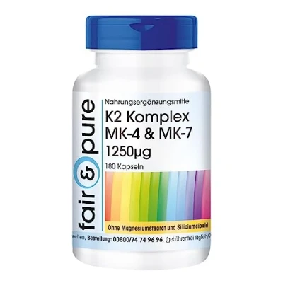 Abbildung von Fair &amp; Pure® K2 Komplex 1250mcg MK 4 7 180 Kapseln vegan Vitamin hochdosiert MK7 ohne Magnesiumstearat Menachinon und
