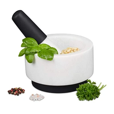 Abbildung von Relaxdays Mörser mit Stößel, Marmor, Silikon, langlebig, massiv, für Gewürze und Kräuter, Steinmörser D: 14 cm, weiß, 8 x cm