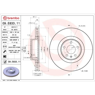 Abbildung von BREMBO 09.E833.11 Bremsscheibe 338 30 5 innenbelüftet beschichtet hochgekohlt mit Schrauben AUDI: A6 C8 Allroad