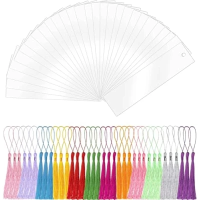 Abbildung von 30 Stück Rechteckige Acryl Lesezeichen, BetterJonny Blanko Lesezeichen Rohling mit 36 Bunten Quaste Leere Craft Transparente für DIY Basteln Notizbuch, 12 * 3.2cm