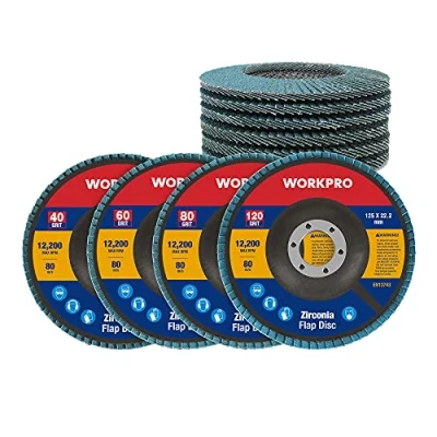 Abbildung von WORKPRO Profi Fächerscheiben 10 Stück Ø 125 mm x 22,2 Fächerschleifscheibe Körnung 40/60/80/120 Blau Standard Schleifmopteller für Edelstahl, Metall und Holz