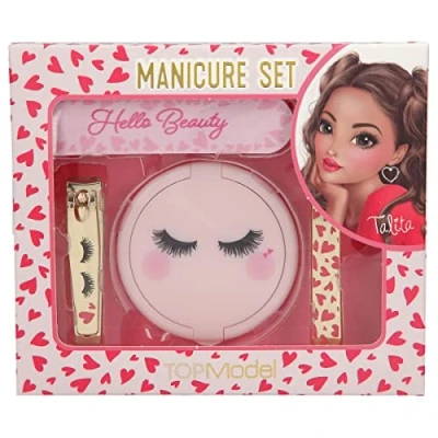 Abbildung von Depesche 11870 TOPModel Beauty Girl Maniküre Set verpackt in einer Box mit Herzchen Muster und Schlafaugen, Nagel Spiegel, Nagelfeile, Nagelknipser Pinzette