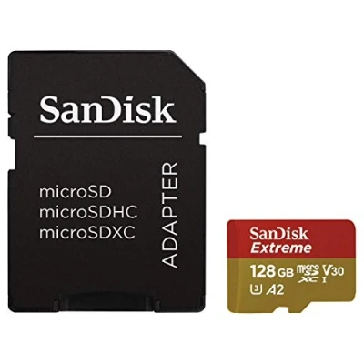 Abbildung von SanDisk Extreme 128 GB microSDXC Memory Card for Action Cameras and Drones with A2 App Performance up to 160 MB/s, Class 10, U3, V30isk 128GB