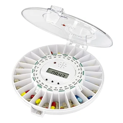 Abbildung von TabTime (mit deutscher Anleitung) automatischer Tabletten /Pillenspender mit Erinnerung, transparenter Deckel, verschließbar Zeitschaltung, ideal für Alzheimer und Demenzpatienten, Schablonen auf deutsch