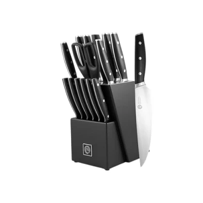 Abbildung von MasterChef Messerblock mit Kochmesser Profi, Küchenmesser set ink. Kochmesser, Brotmesser, Steakmesser, Santokumesser, Gemüsemesser Schere und Schärfer, 15 Teilig, Hochkohlenstoffstahl, Superscharf