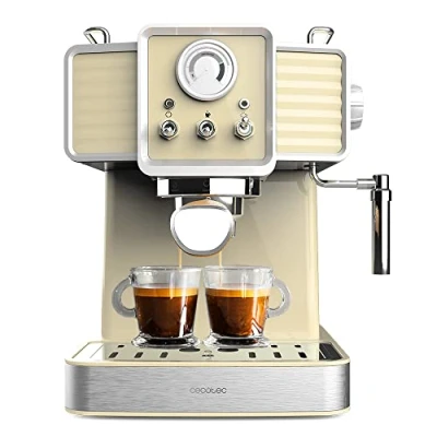 Abbildung von Cecotec Express Kaffeemaschine Power Espresso 20 Tradizionale Light Yellow, 1350 W, und Cappuccino, Bar Thermoblock, Dampfdüse, Manometer, Vintage Design, 1,5 Liter Kapazität