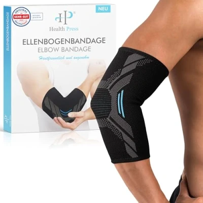 Abbildung von Health Press® Ellenbogenbandage 1x Ellenbogen Bandage, Gr. M Ellenbogenstütze Entlastung &amp; Stabilisierung des Ellenbogengelenks Profi Kompressionsbandage Stützende Armbandage Rechts/Links