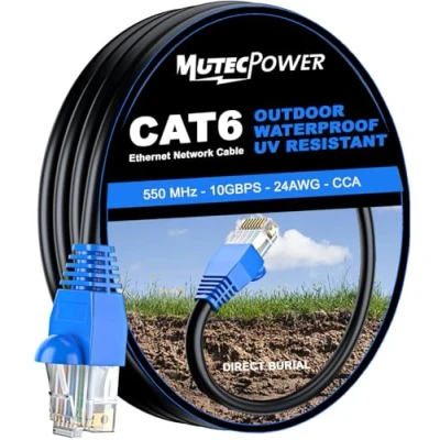 Abbildung von MutecPower CAT6 15m Außen Verwendung wasserdicht CCA Direct Burial Ethernet Netzwerkkabel 250 MHz Schwarz 15 Meter mit kabelbinder