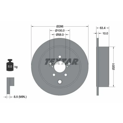 Abbildung von TEXTAR 92200000 Bremsscheibe 286 10 05/08 100 voll ohne Radbefestigungsbolzen, Radnabe SUBARU: Impreza III Hatchback, Forester