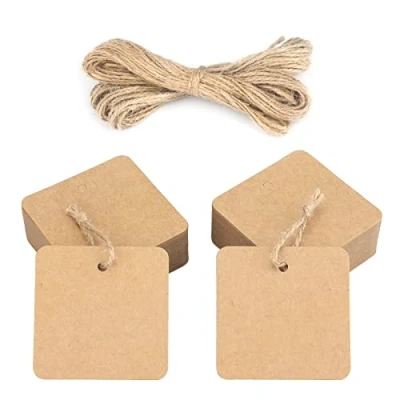 Abbildung von jijAcraft Kraftpapier Anhänger Geschenkanhänger Quadrat Etiketten 5,5CM, 100stk mit Juteschnur, für Basteln Selbstgemachte Geschenke (Braun)
