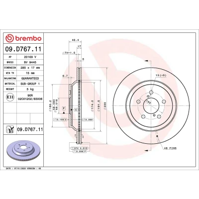 Abbildung von BREMBO 09.D767.11 Bremsscheibe 285 17 5 innenbelüftet beschichtet SUBARU: XV II, Impreza V Saloon