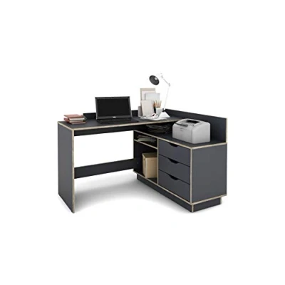 Abbildung von byLIVING Winkelschreibtisch Belfast/Eckschreibtisch Anthrazit/Kanten Eiche Optik Hellbraun/Arbeitsplatte rechts o. Links montierbar / 3 Schubkästen/Schreibtisch 129 x 83,5 105 cm (BxHxT)