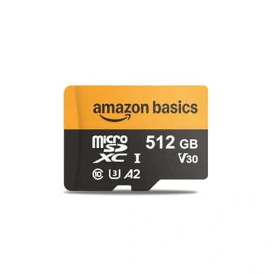 Abbildung von Amazon Basics microSD Karte mit Lese Adapter, 512 GB, schnelle Geschwindigkeit bis zu 200 MB/s, Schwarz, 1 Stück