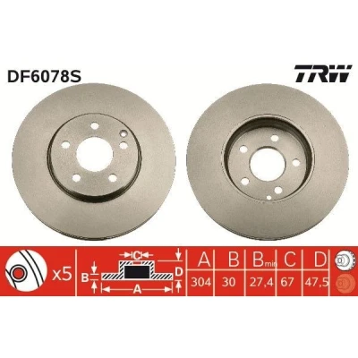 Abbildung von TRW DF6078S Bremsscheibe 304 30 5 112 Belüftet MERCEDES BENZ: E Class Saloon, T modell