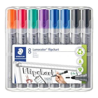 Abbildung von STAEDTLER Flipchart Marker Lumocolor, Rundspitze ca. 2 mm Linienbreite, lange Lebensdauer, nachfüllbar, farbintensiv, geruchsarm, hohe Qualität Made in Germany, Set mit 8 Farben, 356 WP8 X