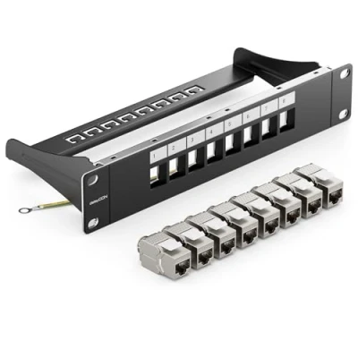 Abbildung von deleyCON 8 Port Patchpanel Set Patchfeld Modular 1 HE 10&quot; Zoll Rackeinbau + 8x RJ45 Keystone Module CAT6a Kompatibel mit CAT5 CAT6 CAT7 LAN Netzwerkkabel Verlegekabel Schwarz