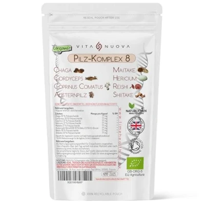 Abbildung von Pilz Komplex 8 Bio Chaga, Cordyceps, Coprinus comatus, Hericium, Maitake, Austernpilz Betox93®, Reishi, Shiitake Natürlich Ohne Zusätze Pullulan Kapseln (120 Beutel)