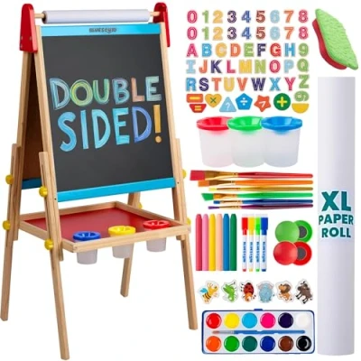Abbildung von Blue Squid Kinder Staffelei Höhenverstellbare, Doppelseitige Holz mit Magnetischer Kreidetafel, Whiteboard, Papierrolle, 100+ Zubehör, Ideal für 3 12 Jahre