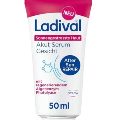 Abbildung von Ladival Sonnengestresste Haut Akut Serum, After Sun Repair für das Gesicht, regeneriert mit Photolyase, feuchtigkeitsspendend und kühlend, Panthenol Vitamin E, 50ml