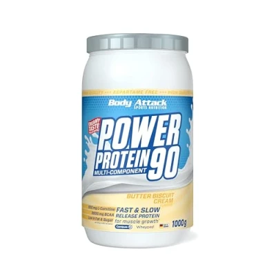 Abbildung von Body Attack POWER Protein 90 Butter Biscuit 1kg Dose Mehrkomponenten Pulver, Made in Germany Mit BCAA, Vitaminen &amp; L Carnitin Shake extra cremiger Geschmack, gute Löslichkeit