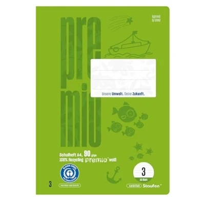 Abbildung von Staufen premio Schulheft 4 Hefte je 16 Blatt, DIN A4, Lineatur 3 (14 Doppellinien), 90 g/m² Recyclingpapier, runde Ecken verhindern „Eselsohren“