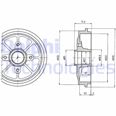 Abbildung von DELPHI BF484 Bremstrommel ohne ABS Sensorring, Radlager 245 PEUGEOT: 206 Hatchback, 206+ 1007 CITROËN: C3 I Hatchback