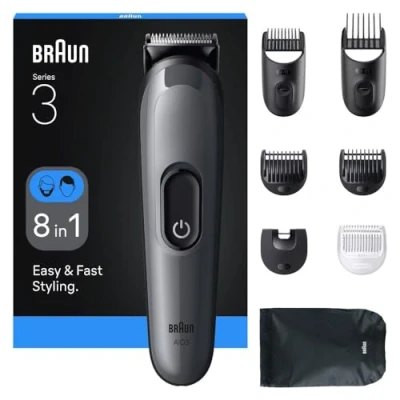 Abbildung von Braun All in One Series 3 Trimmer, 8 1 Set, ultrascharfe Klinge, 14 Längeneinstellungen, Präziser Schnitt für Bart &amp; Haare, 50 Min Akkulaufzeit, Einfaches Schnelles Styling, AIO3540, Grau
