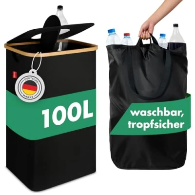 Abbildung von Blumtal Pflandflaschen Sammelbehälter 100L Bambus Pfandflaschen Organizer mit Tasche Behälter Leergut Loch Schwarz
