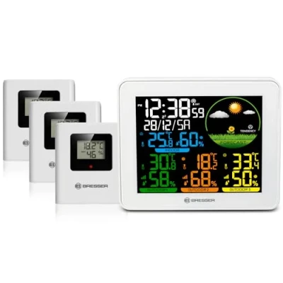 Abbildung von Bresser Farbwetterstation mit 3 Außensensoren, Wettervorhersage, Thermo Hygrometer, Uhrzeit, Weckfunktion, Reichweite 80 m, Max Min Wertespeicher